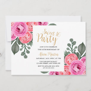 Chic Flora Dusty Rosa ros Guld Sweet 16 Party Inbjudningar