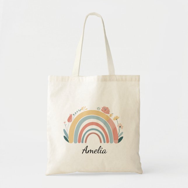 Chic Floral Boho Rainbow Minimalist Tote Bag Tygkasse (Framsidan)