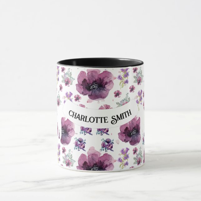 chic floral foliage purple blooming flowers mugg (Center)