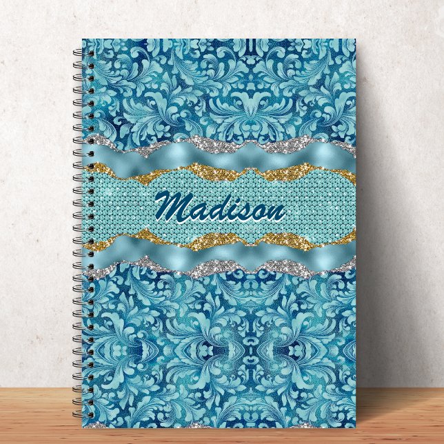 Chic floral glittery gold Turquoise teal monogram Anteckningsbok (Skapare uppladdad)