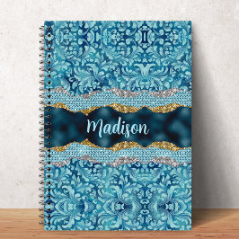 Chic floral glittery Teal Turquoise gold monogram Anteckningsbok