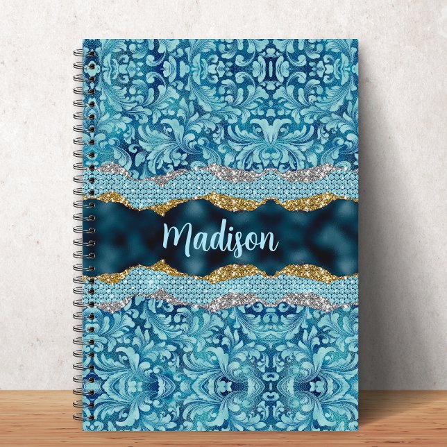 Chic floral glittery Teal Turquoise gold monogram Anteckningsbok (Skapare uppladdad)