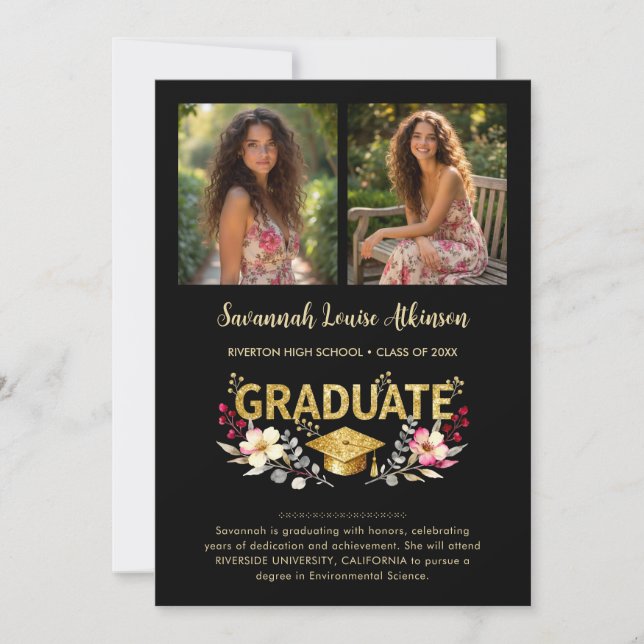 Chic Floral Graduation Photo Collage Gold Script Meddelande (Framsida)