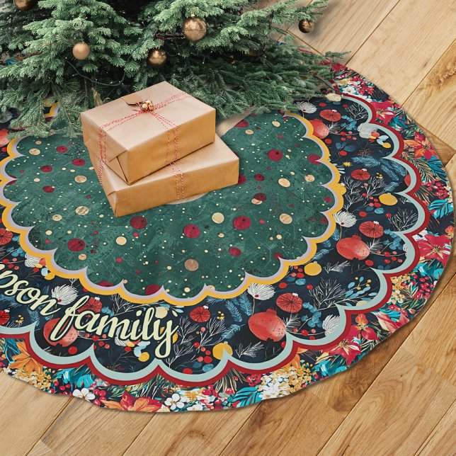 Chic Floral green red Christmas personalized Julgransmatta Borstad Polyester (Skapare uppladdad)