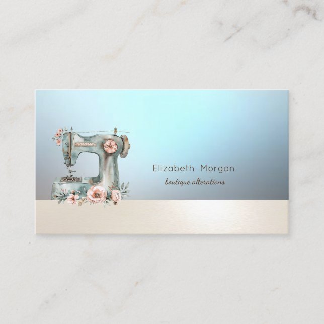 Chic Floral Sewing Machine Blue Business Card Visitkort (Framsida)