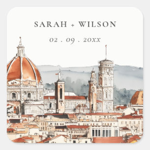 Chic Florence Cathedral Italien Watercolor Bröllop Fyrkantigt Klistermärke