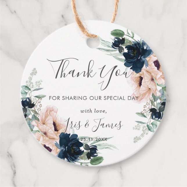 Chic  flottan Blåa Ro Blommigten Bröllop Tack Gåvor Etiketter (Framsida)