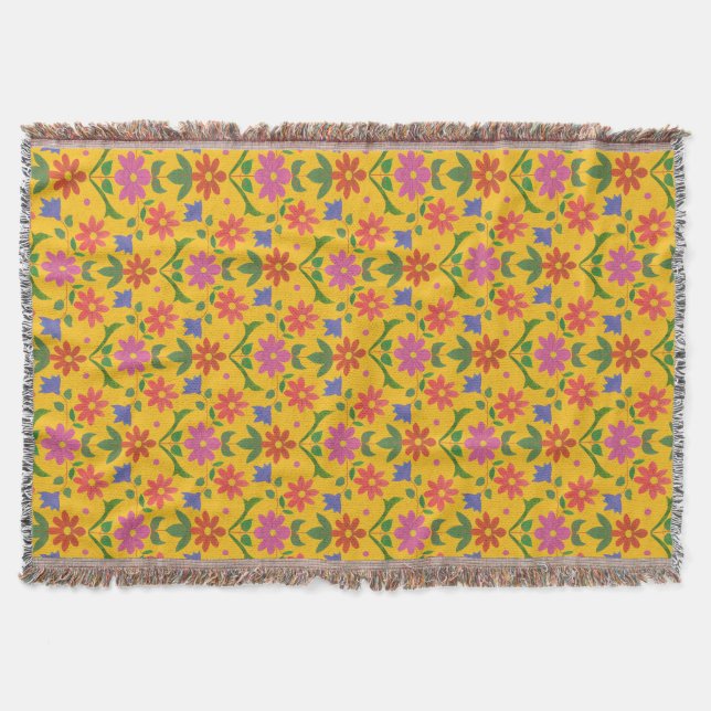 Chic Flowers and Polka dots, Gult Throw Blanket Filt (Framsidan)