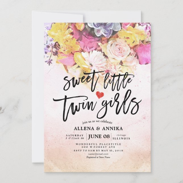 Chic Flowers Baby Shower Sweet Little Twin Girls Inbjudningar (Framsida)