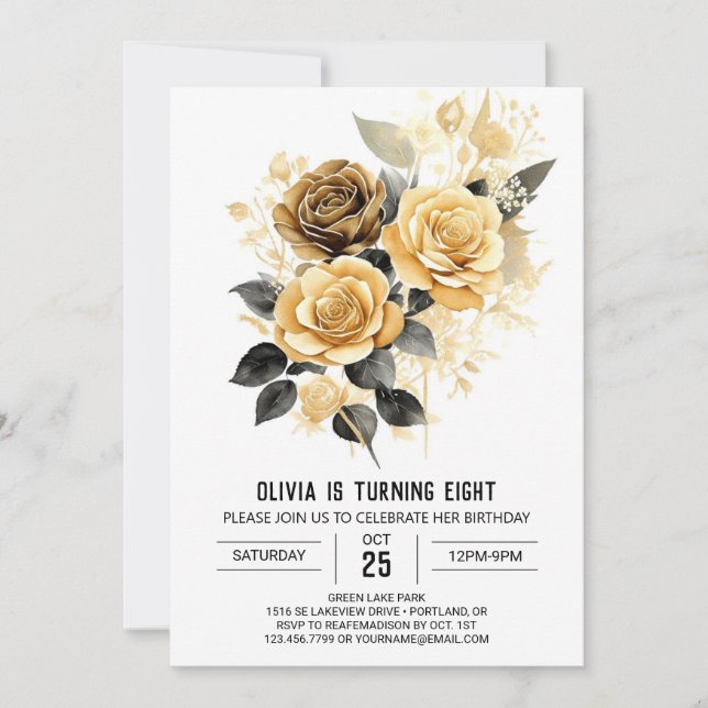 Chic Flowers Guld och Black Birthday Inbjudningar (Framsida)