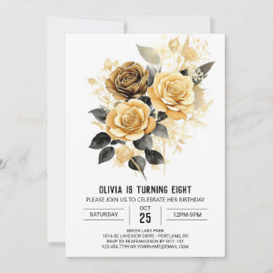 Chic Flowers Guld och Black Birthday Inbjudningar