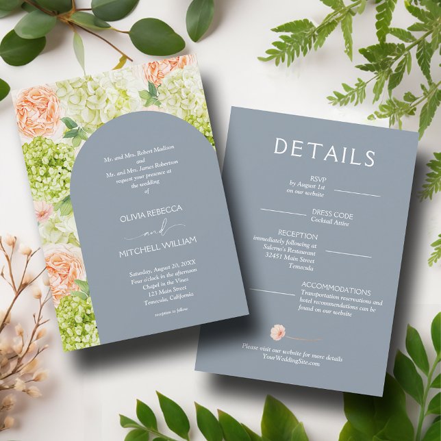 Chic Flowers on Misty Blue Allt-in-One-Bröllop Inbjudningar (Chic flowers on misty blue all-in-one wedding invitations - PRINTED and/or INSTANT DOWNLOAD)