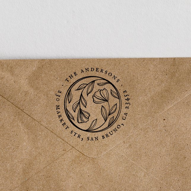 Chic Flowers Round Family Namn & Returadress Stämpel (Stamp Mock-up)