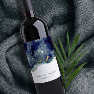 Chic Fluid Abstrakt Bläck Guld flottan Glitter Brö Vinflaska Etikett