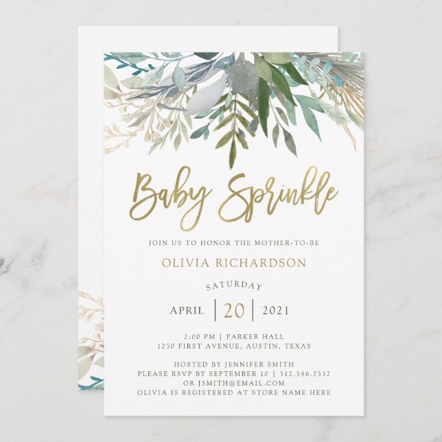 Chic Foliage| Baby Sprinkle med Faux Guld Script Inbjudningar (Fram/baksida)