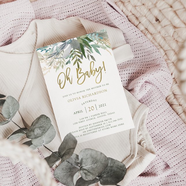 Chic Foliage | Oh Baby Baby Shower och Guld Script Inbjudningar (Skapare uppladdad)