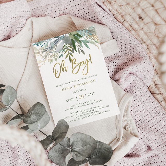 Chic Foliage | Oh Boy Baby Shower och Guld Script Inbjudningar (Skapare uppladdad)