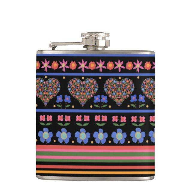 Chic Folk Art Stil Gräns på Black: Hip Flask Fickplunta (Framsidan)