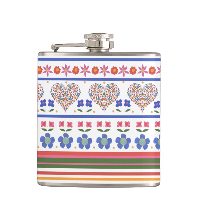 Chic FolkArt Blommigt Hearts Gräns: Hip Flask Fickplunta (Framsidan)