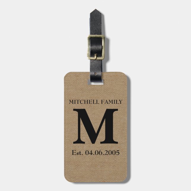 Chic för burlap för Monogramfauxlinnet sticker ut Bagagebricka (Vertikal Framsida)