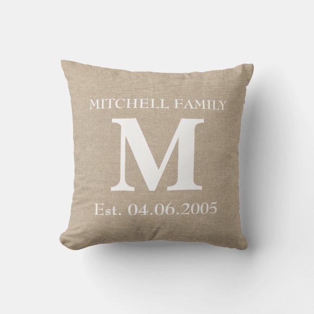 Chic för burlap för Monogramfauxlinnet sticker ut Kudde (Framsida)