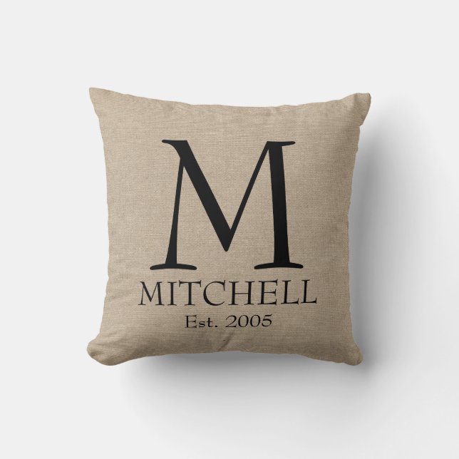 Chic för burlap för Monogramfauxlinnet sticker ut Kudde (Framsida)