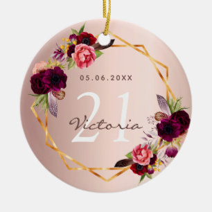 Chic för den geometriska burgundära blommigten ro julgransprydnad keramik