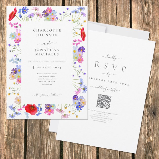 Chic för färgämnet WildblomBoho QR-kod Bröllop Inbjudningar (Boho colorful watercolor wildflower elegant wedding invitation with rsvp qr code)