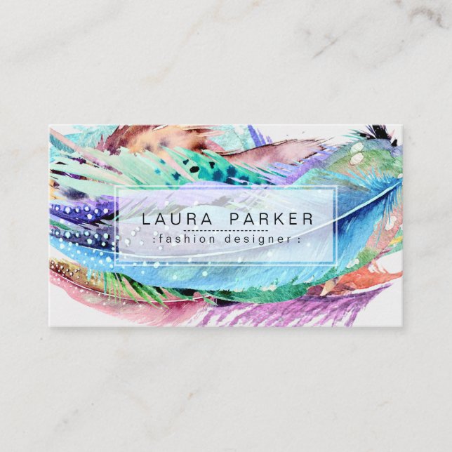 Chic för fjädervattenfärgBoho vintage flickaktigt Visitkort (Framsida)