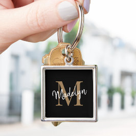 Chic för Girly Black Guld Monogram Namn Elegant- Fyrkantig Silverfärgad Nyckelring