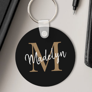 Chic för Girly Black Guld Monogram Namn Elegant- Nyckelring