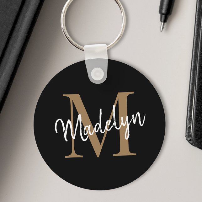Chic för Girly Black Guld Monogram Namn Elegant- Nyckelring (Skapare uppladdad)