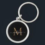 Chic för Girly Black Guld Monogram Namn Elegant- Rund Silverfärgad Nyckelring<br><div class="desc">Enkel svart,  svart,  Guld-monogram Elegant Chic Modern Namn-inledande nyckelkedja för skript</div>