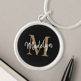 Chic för Girly Black Guld Monogram Namn Elegant- Rund Silverfärgad Nyckelring