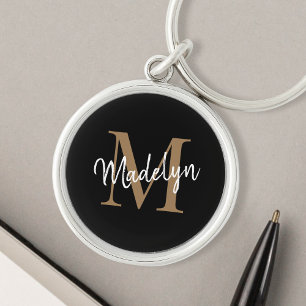 Chic för Girly Black Guld Monogram Namn Elegant- Rund Silverfärgad Nyckelring