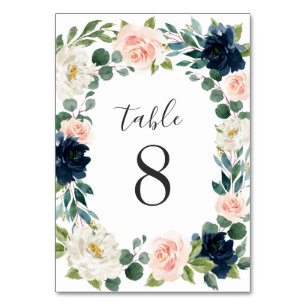 Chic för marin och Rosa Blommigt Vattenfärg Bröll Bordsnummer