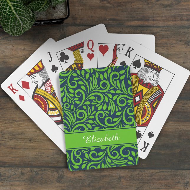 Chic för Monogram Abstrakt Blommönster Blue Grönt Casinokort (Monogram Abstract Floral Pattern Blue Green Chic Poker Cards)