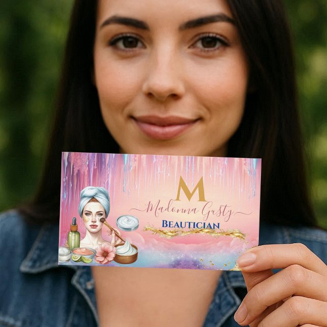 Chic för Pastel Rosa Guld Monogram Beautician Visitkort (Dripping Pastel Pink Gold Monogram Beautician Chic Business Card)
