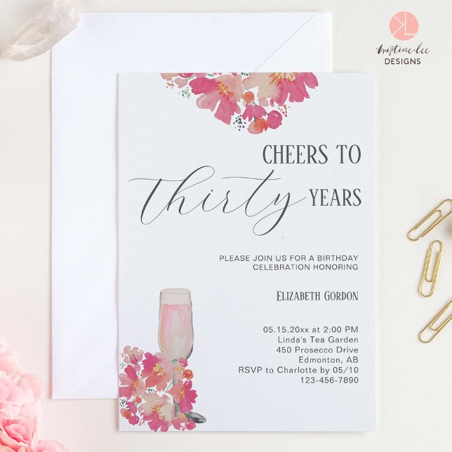 Chic för Rosa av Petals och Prosecco 30års födelse Inbjudningar (Skapare uppladdad)