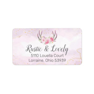 Chic för  Rosa Guld Marble Rustic Blommigt Antlers Adressetikett