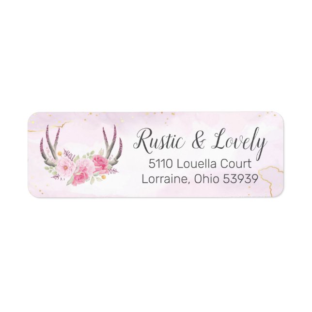 Chic för  Rosa Guld Marble Rustic Blommigt Antlers Returadress Etikett (Framsidan)