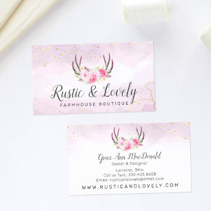 Chic för Rosa Guld Marble Rustic Blommigt Antlers Visitkort
