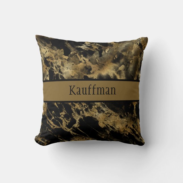 Chic för Trendiget Monogram Black Guld Marble Agat Kudde (Framsida)