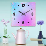 Chic för turkos rosa ombre water color confietti d fyrkantig klocka<br><div class="desc">Fetma, svarta, lättlästa siffror och färgstarka orange-, rosa- och lila konetti-punkter täcker över chicen, pastellturkosa blå, lila och rosa vattenfärgsbakgrund. Upplev ditt favoritrum med den här snyggten, moderna, enkla och chic väggklocka. Du kan välja mellan en rund eller fyrkantig klocka ansikte. Gör ett underbart påstående i ditt hem! Du kan...</div>