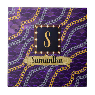 Chic för vacker Lila Monogram Elegant Kakelplatta