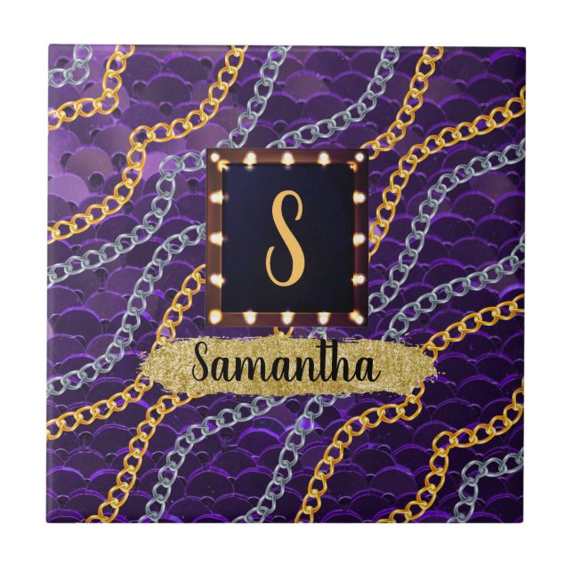 Chic för vacker Lila Monogram Elegant Kakelplatta (Framsidan)