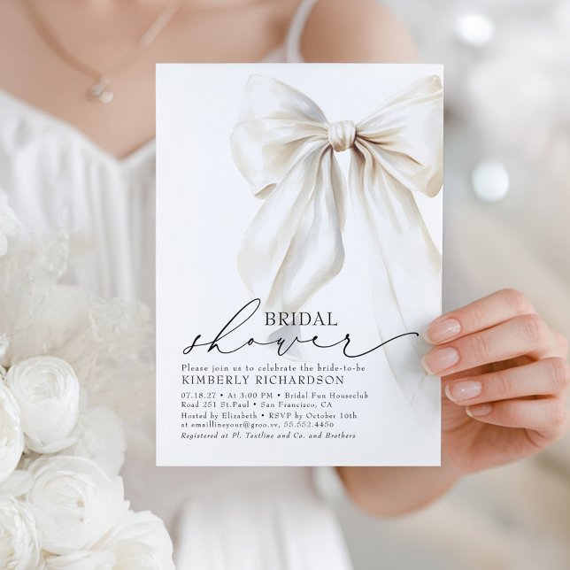 Chic för vit Möhippa i elegant,  Inbjudningar (White Bow Elegant Romantic Bridal Shower Invitation)
