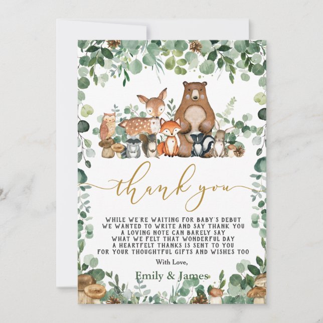 Chic Forest Greenery Woodland Animals Baby Shower Tack Kort (Framsida)