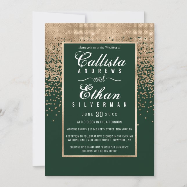Chic Forest Grönt Guld Glitter Confetti Bröllop Inbjudningar (Framsida)