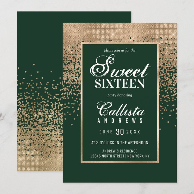 Chic Forest Grönt Guld Glitter Confetti Sweet 16 Inbjudningar (Fram/baksida)